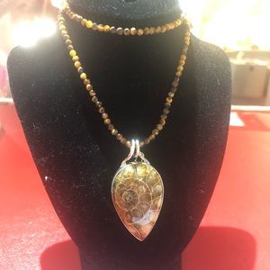 Earthy ammonite and tigers eye faceted beads